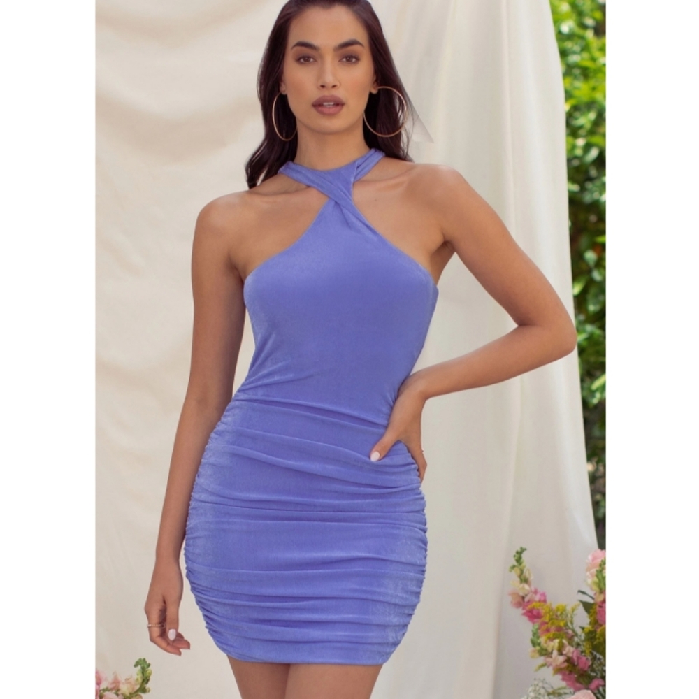 NWT GORGEOUS Blue RUCHED Twist Front Mini Dress - Picture 6 of 14